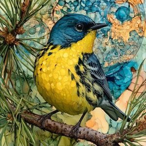 May include: A small bird with a vibrant yellow breast and a deep blue head and back, perched on a brown pine branch. The bird has dark markings on its wings and a sharp black beak. The background features pine needles and abstract blue and gold circles.