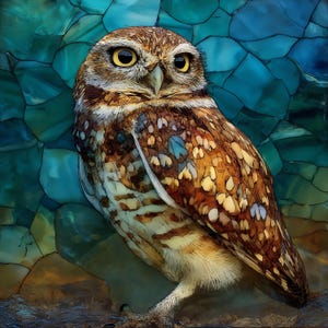 May include: A burrowing owl with brown and white mottled feathers and large yellow eyes. The owl is positioned against a background of blue and teal geometric shapes that resemble stained glass, creating a vibrant contrast with its plumage.
