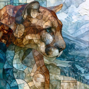May include: A square wall art piece featuring a mosaic-style illustration of a mountain lion in profile. The cat is rendered in shades of brown, tan, and cream, set against a background of blue-toned mountains, a river, and a small village.