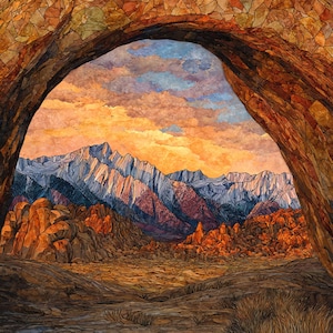 May include: A watercolor painting of a mountain landscape viewed through a rock archway. The sky is filled with orange and blue hues, and the mountains are a mix of blue and white. The foreground features rocky terrain.