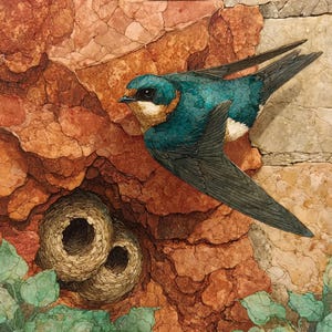 May include: A swallow with iridescent blue-green feathers, a dark head, and a light throat, flying past a textured, reddish-brown rock wall. Below the bird, two rounded, mud-like nests are attached to the stone surface, with green leaves below.