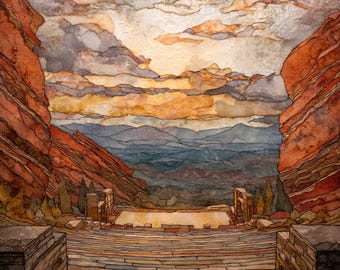Red Rocks Amphitheatre sunrise Denver Metro Ceramic Art Tile, Stained Glass Wall Art, Colorado Travel Gift, Colorado Cityscape Decor