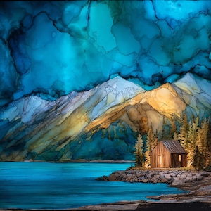 May include: A square wall art piece featuring an alcohol ink landscape painting. The scene depicts a wooden cabin on a rocky shoreline beside a vibrant turquoise lake, set against towering mountains under a dramatic, swirling deep blue sky.