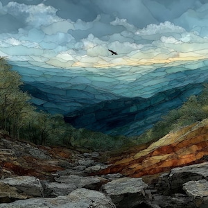 May include: A digital landscape illustration featuring a rocky foreground with layered stone textures in shades of brown and gray. A dense forest sits in the mid-ground, leading to rolling blue mountain ridges under a cloudy sky with a single bird.