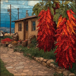 May include: A stained glass art piece depicting a rustic adobe house with a stone path leading to the entrance. Large, vibrant red chili pepper ristras hang in the foreground, while baskets of produce sit near the building under a blue sky.
