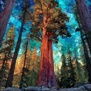 May include: A large redwood tree with a thick, textured reddish-brown trunk stands in a forest. The sky and surrounding foliage are rendered in a mosaic style with vibrant shades of turquoise, blue, and yellow, creating a stained glass effect.