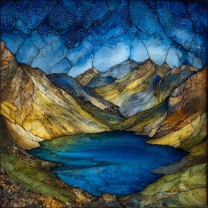 May include: Abstract landscape art featuring a blue lake surrounded by layered mountains in shades of yellow, brown, and blue. The sky is a deep blue with a textured appearance, creating a serene and artistic scene.