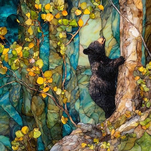 May include: A stained glass panel depicting a black bear climbing a textured tree trunk. The scene features vibrant yellow and green leaves on thin branches against a background of deep blue and teal glass segments with dark leaded outlines.