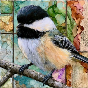 May include: A black-capped chickadee perched on a textured brown branch. The bird has a black head and throat, white cheeks, and soft tan feathers on its belly. The background features a grid of colorful, abstract ink washes and map patterns.