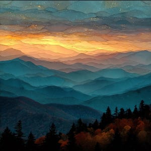 May include: A landscape illustration featuring layered blue mountain silhouettes under a glowing orange and yellow sunset sky. The foreground displays dark evergreen trees and autumn foliage, with subtle golden speckles scattered throughout the clouds.