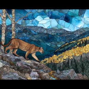 May include: A stained glass style illustration of a tan mountain lion walking across a rocky ledge. The background features a forest of yellow aspen trees, dark green pine trees, and blue mountains under a segmented blue sky with white clouds.
