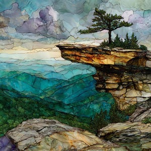 May include: A stained glass style artwork depicting a rocky cliff edge with a single tree overlooking a vast mountain valley. The scene features layered shades of blue, green, and orange, with dark leaded lines defining the landscape segments.