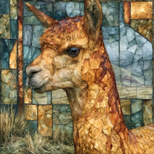 May include: A mosaic-style artwork depicting the profile of a brown alpaca. The alpaca is composed of textured, amber-toned fragments, while the background features a geometric pattern of blue, gray, and tan glass-like tiles with visible grout lines.