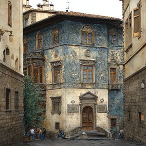 May include: A multi-story building with a blue facade featuring intricate relief carvings, arched windows with wooden frames, and a central entrance with stone steps. The structure is situated between two stone buildings in a narrow street.