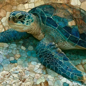 May include: A sea turtle with a detailed shell and skin featuring shades of teal, blue, and brown. The turtle is positioned against a mosaic-style background composed of irregular, interlocking stone-like shapes in earthy tones and blue hues.