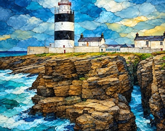 May include: A tall lighthouse with black and white horizontal stripes stands on a rocky cliff above a turbulent blue ocean. The scene features a stained-glass style mosaic effect with white buildings at the base under a cloudy blue sky.