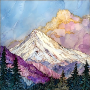 May include: An abstract landscape painting featuring a snow-capped mountain under a blue sky with gold-tinged clouds. The foreground shows purple and pink hills with green pine trees. The artwork has a textured, watercolor-like appearance.