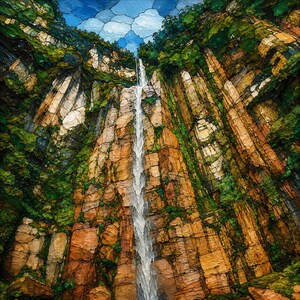 May include: A tall, narrow waterfall cascades down a steep, textured cliff face composed of vertical, layered rock formations in shades of orange, brown, and tan, interspersed with patches of vibrant green moss and foliage under a blue sky.