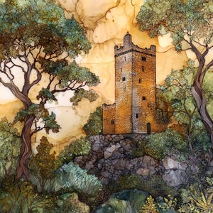 May include: An artistic rendering of a stone tower nestled among trees and foliage. The tower is constructed of light brown bricks, with small windows and a dark door. The surrounding landscape features lush green trees and a warm, golden sky.