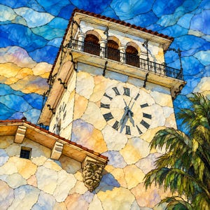 May include: A stone clock tower with a red tile roof and a black metal balcony. The facade features a large clock with Roman numerals. The sky is rendered in a mosaic style with shades of blue, yellow, and white, and green palm fronds are visible.