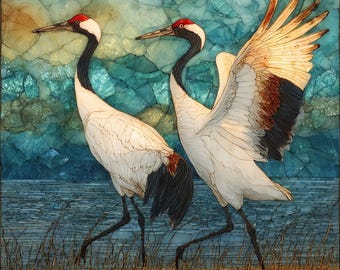 May include: A mosaic artwork depicting two red-crowned cranes standing in a field of brown grass. The birds have white bodies, black necks, and red crowns. One crane has its wings spread wide, while the other stands still against a blue background.