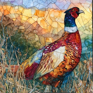 May include: A mosaic-style artwork depicting a pheasant with vibrant red, orange, brown, and blue plumage. The bird stands amidst dry, thin grasses against a background of fragmented, colorful tiles in shades of yellow, orange, and blue.