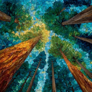 May include: A mosaic-style artwork depicting a low-angle view of tall trees reaching toward a bright sky. The tree trunks are rendered in shades of orange and brown, while the foliage consists of green and yellow tiles against a blue sky.