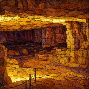 May include: A mosaic-style artwork depicting a cavernous interior with textured stone walls and floors in shades of amber, gold, and deep brown. A thin metal chain barrier supported by two vertical posts spans the foreground of the scene.
