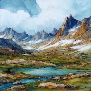 May include: A square alcohol ink painting depicting a mountain landscape with jagged, tan and blue peaks, patches of white snow, and a foreground featuring a turquoise alpine lake surrounded by rocky, mossy green terrain under a cloudy sky.