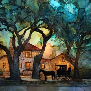 May include: An artistic watercolor painting of a historic scene. A horse-drawn carriage stands before a stone building with a red tile roof. Large trees frame the scene, with a teal and yellow sky.