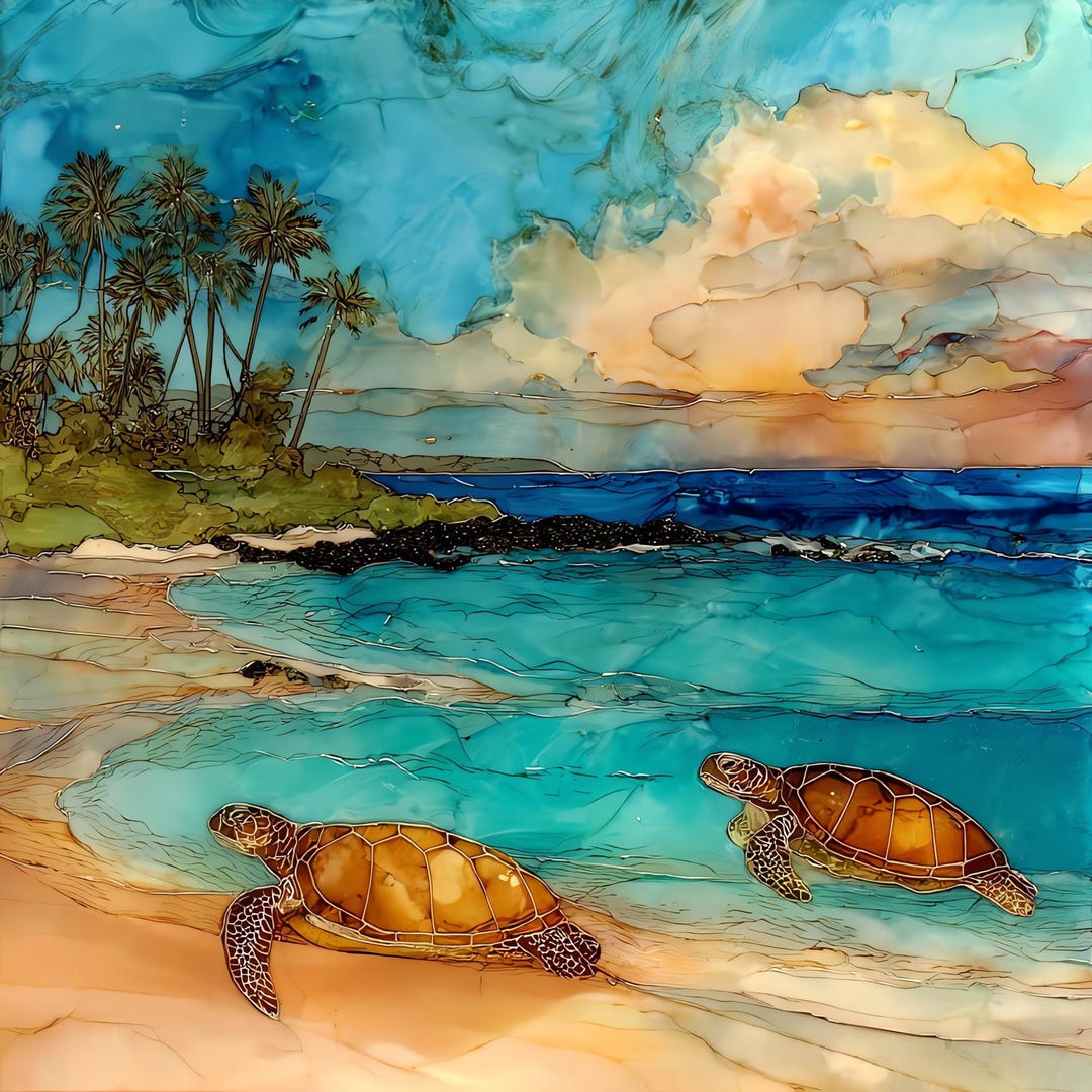 Hawai Edrawing Poipu Beach Honu Kauai Ceramic Art Tile, Stained Glass Wall Art, Hawaii ...