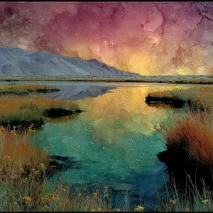 May include: A landscape painting featuring a calm lake reflecting a vibrant sunset sky with shades of pink, orange, and yellow. Gray mountains rise in the distance behind the water, while patches of tall, golden-brown grass frame the foreground.