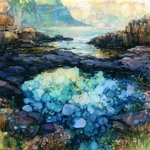 May include: An oil painting of a coastal landscape featuring a vibrant turquoise tide pool in the foreground, surrounded by dark, textured rocks. The background shows a calm sea meeting a distant cliff under a soft, pale yellow and white sky.
