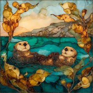May include: A stained glass artwork depicting two sea otters floating in turquoise water. The otters have brown fur and are surrounded by golden-brown seaweed. The background features a sunset and mountains.