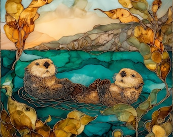 Monterey Bay Sea Otters Ceramic Tile, Kelp Forest Wall Art Gift for Coastal Home