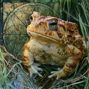 May include: A textured brown and tan toad with large dark eyes sits amidst green blades of grass. Behind the toad is a circular, stained-glass-style pattern featuring intricate geometric lines and dark green, gold, and black segments.