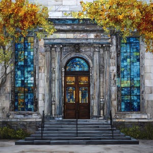 May include: A stone building facade featuring a central arched wooden double door, flanked by two tall rectangular windows with blue stained glass. The structure includes classical columns and a set of wide stone steps leading to the entrance.