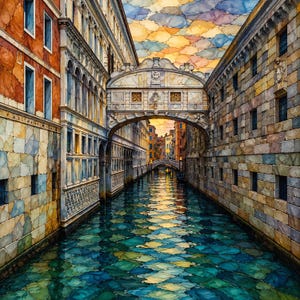 May include: A watercolor-style painting of the Bridge of Sighs in Venice, featuring stone buildings with textured, multi-colored facades in shades of orange, yellow, and blue, spanning a canal with vibrant, reflective teal and green water.