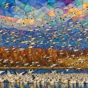 May include: A large flock of white geese in flight and gathered on water against a stained glass style background of blue, purple, and orange geometric shapes. The scene depicts numerous birds in motion above a dense group of geese on the surface.
