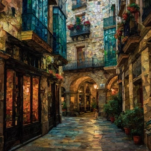 May include: An artistic rendering of a European street scene. Buildings with stone facades and balconies are adorned with flowers. Arched entryways lead into the distance, and the cobblestone street is lined with potted plants. The image has a warm, inviting color palette.