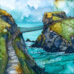 May include: An abstract painting of a coastal landscape featuring a rope bridge spanning a turquoise sea between two rocky cliffs. The artwork uses shades of blue, green, and yellow to depict the sky, water, and cliffs, with a stone pathway leading to the bridge.
