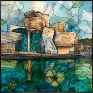 May include: An artistic rendering of the Guggenheim Museum Bilbao. The artwork features the building's unique architecture with tan, blue, and green hues. The water below reflects the building and sky, with floral accents.
