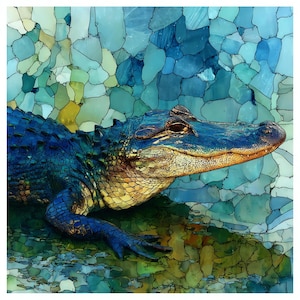 May include: A stylized illustration of an alligator with textured, dark blue and yellow scales. The creature is set against a mosaic-like background composed of irregular, interlocking shapes in various shades of blue, teal, and pale green.