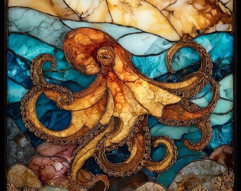 Hee Octopus Tidepool Oahu Ceramic Art Tile, Stained Glass Wall Art, Hawaii Travel Gift, Hawaii Wildlife Art, Gift for Nature Lover