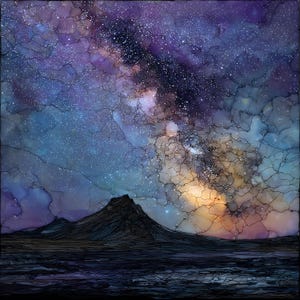 May include: A square artwork depicting a dark mountain silhouette against a vibrant night sky filled with a swirling galaxy of purple, blue, and gold hues. The sky features intricate, web-like crackle patterns and dense clusters of white stars.