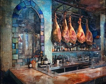Andalusian Jamoneria Hanging Jamon Iberico Legs Aged Hams Behind the Bar Ceramic Tile, Spain Wall Art, Stained Glass Wall Art
