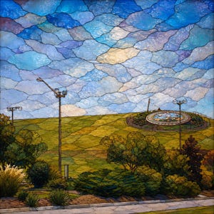 May include: A stained glass panel depicting a landscape with a green grassy hill, a circular structure, and trees under a sky filled with blue and white clouds. The scene includes two tall street lamps and a paved walkway in the foreground.