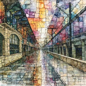 May include: A mosaic-style artwork depicting a train station platform with a perspective view leading to a vanishing point. The image features a stone-textured architectural structure with a vibrant, multi-colored sky in shades of orange, purple, and blue.