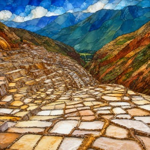 May include: A vibrant mosaic-style artwork depicting the Maras salt mines in Peru. The image features terraced salt evaporation ponds in shades of white, tan, and brown, set against a backdrop of rugged, colorful mountains and a bright blue sky.