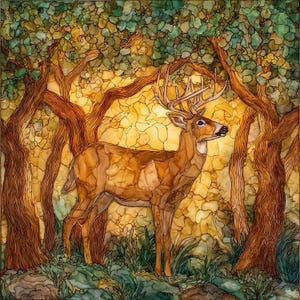 May include: A stained glass panel featuring a brown deer with large antlers standing in a forest. The background displays golden yellow light filtering through green tree canopies and brown tree trunks, creating a mosaic of textured glass pieces.